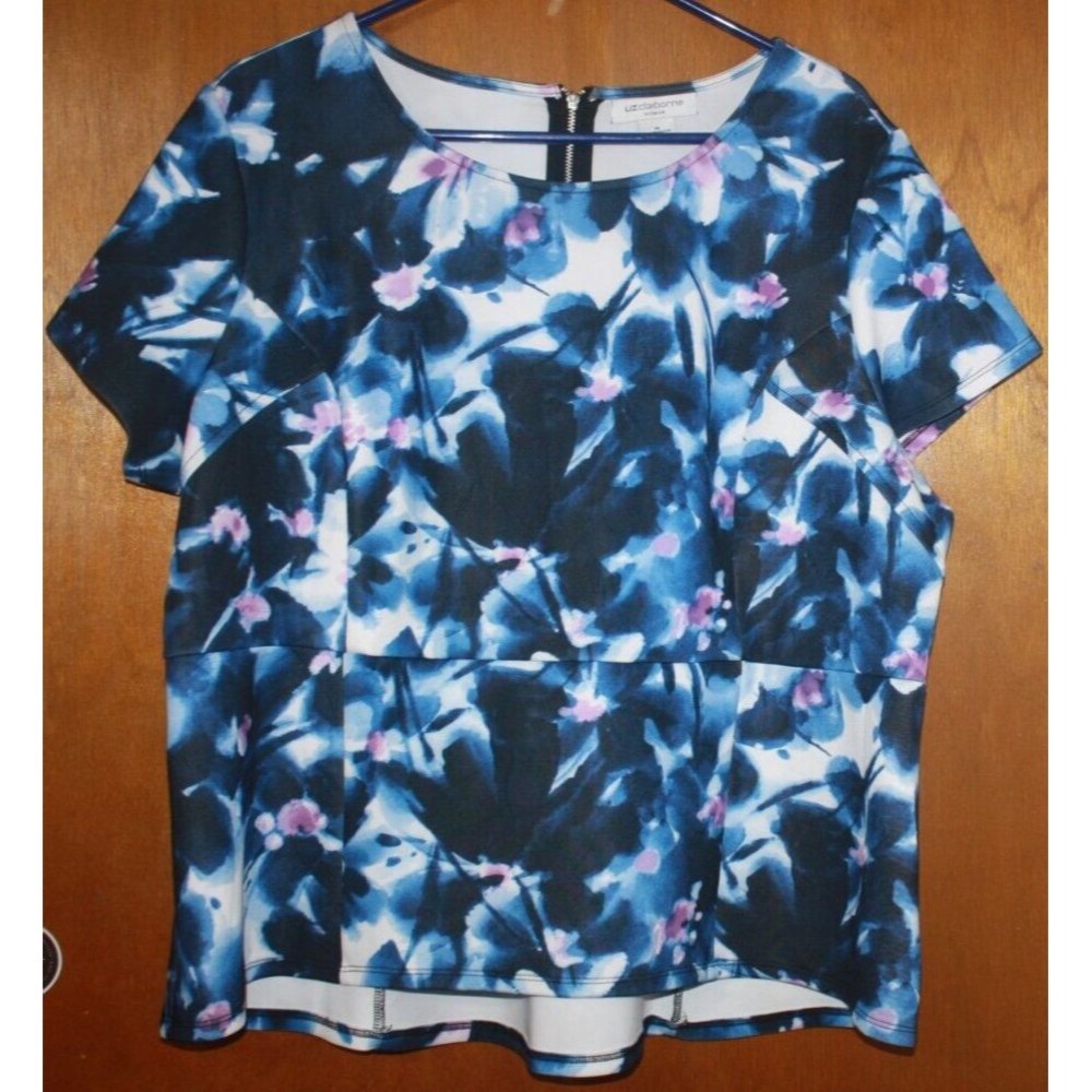 Liz Claiborne Woman 1X Peplum Skirted Hi-Low Blouse Pink Blue White Flower  EUC
